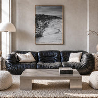 Del Mar black & white photo poster of California, USA – vertical wall art in natural wood frame, hanging on wall