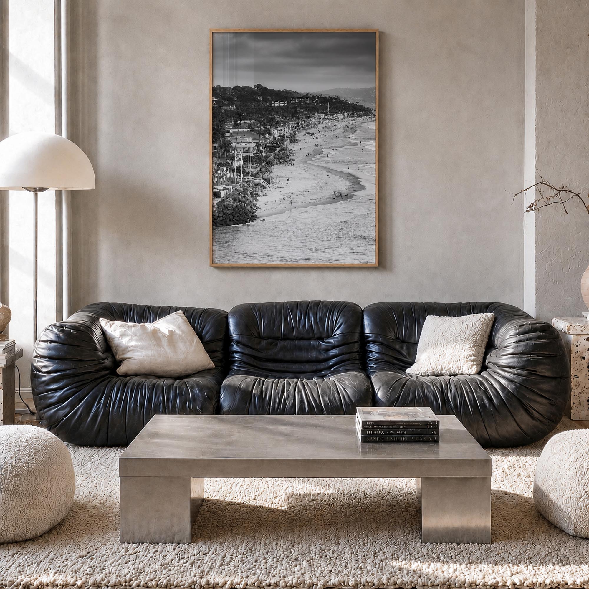 Del Mar black & white photo poster of California, USA – vertical wall art in natural wood frame, hanging on wall