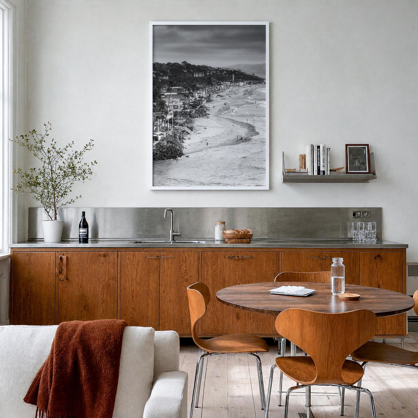 Del Mar black & white photo poster of California, USA – vertical wall art in white wood frame, hanging on wall