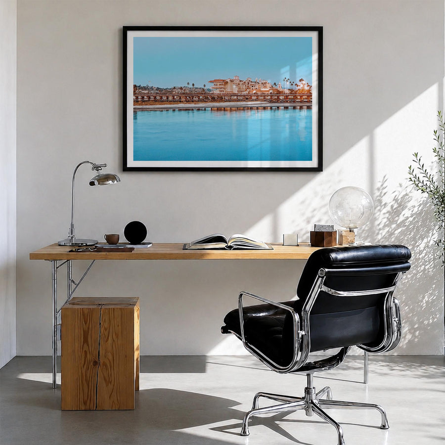 Del Mar colorful photo poster of California, USA – horizontal wall art in black wood frame with white border, hanging on wall