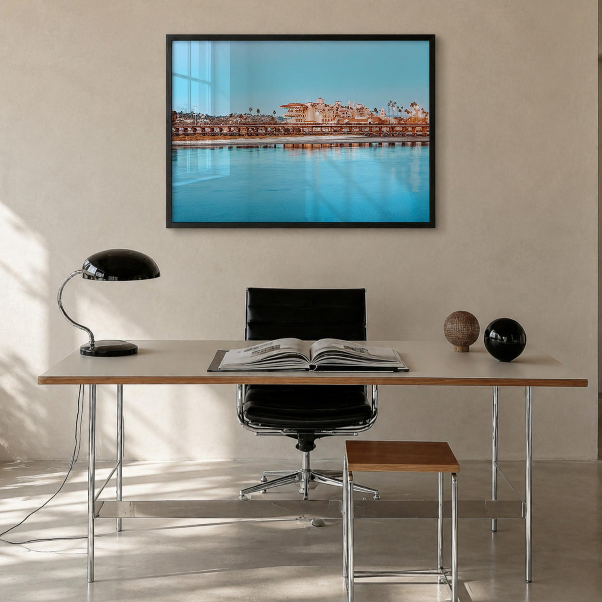 Del Mar colorful photo poster of California, USA – horizontal wall art in black wood frame, hanging on wall