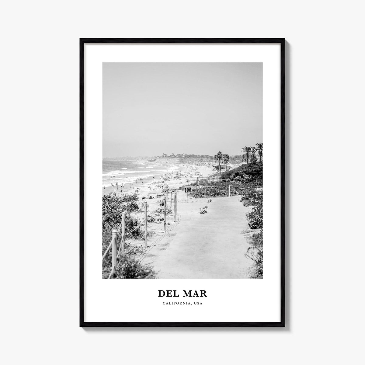 Del Mar no. 1 black & white classic poster of California, USA – vertical wall art, unframed print shown in interior mockup
