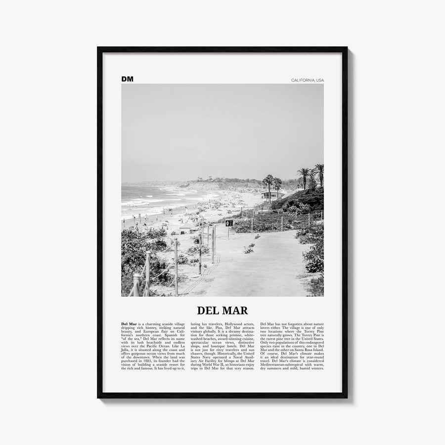 Del Mar no. 1 black & white newspaper poster of California, USA – vertical wall art, unframed print shown in interior mockup