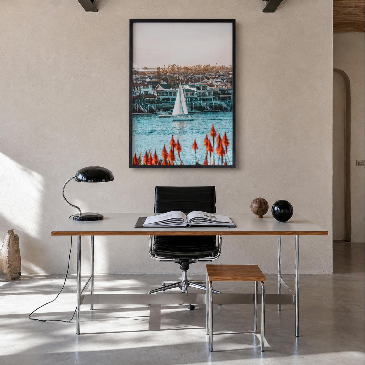 Del Mar no. 2 colorful photo poster of California, USA – vertical wall art in black wood frame, hanging on wall