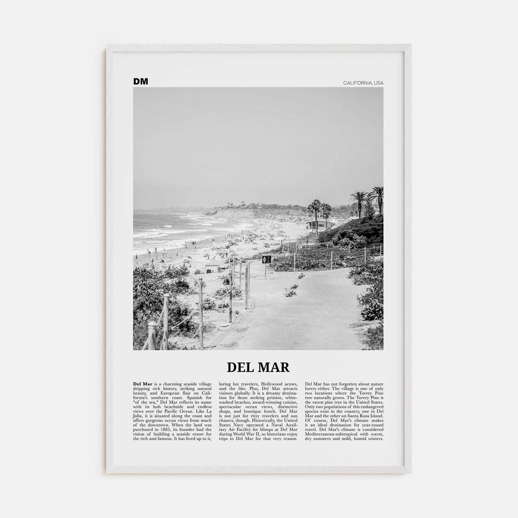 Del Mar No 1 Poster White Wood / 8x12 in Nbourhood Travel B&W Poster