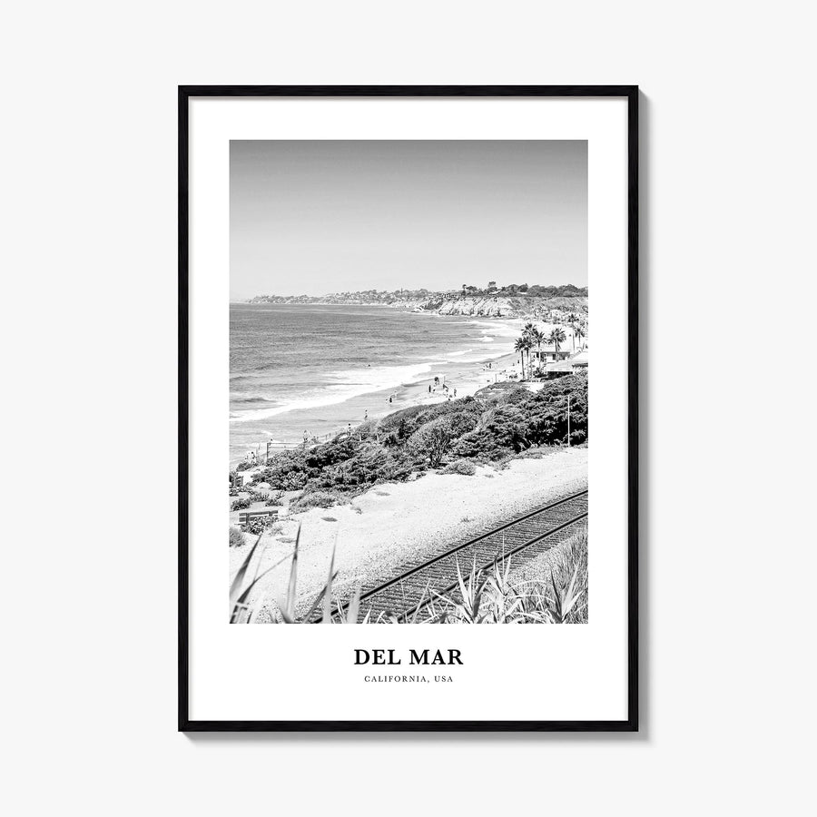 Del Mar no. 2 black & white classic poster of California, USA – vertical wall art, unframed print shown in interior mockup