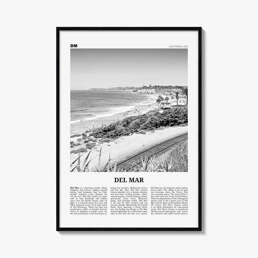 Del Mar no. 2 black & white newspaper poster of California, USA – vertical wall art, unframed print shown in interior mockup
