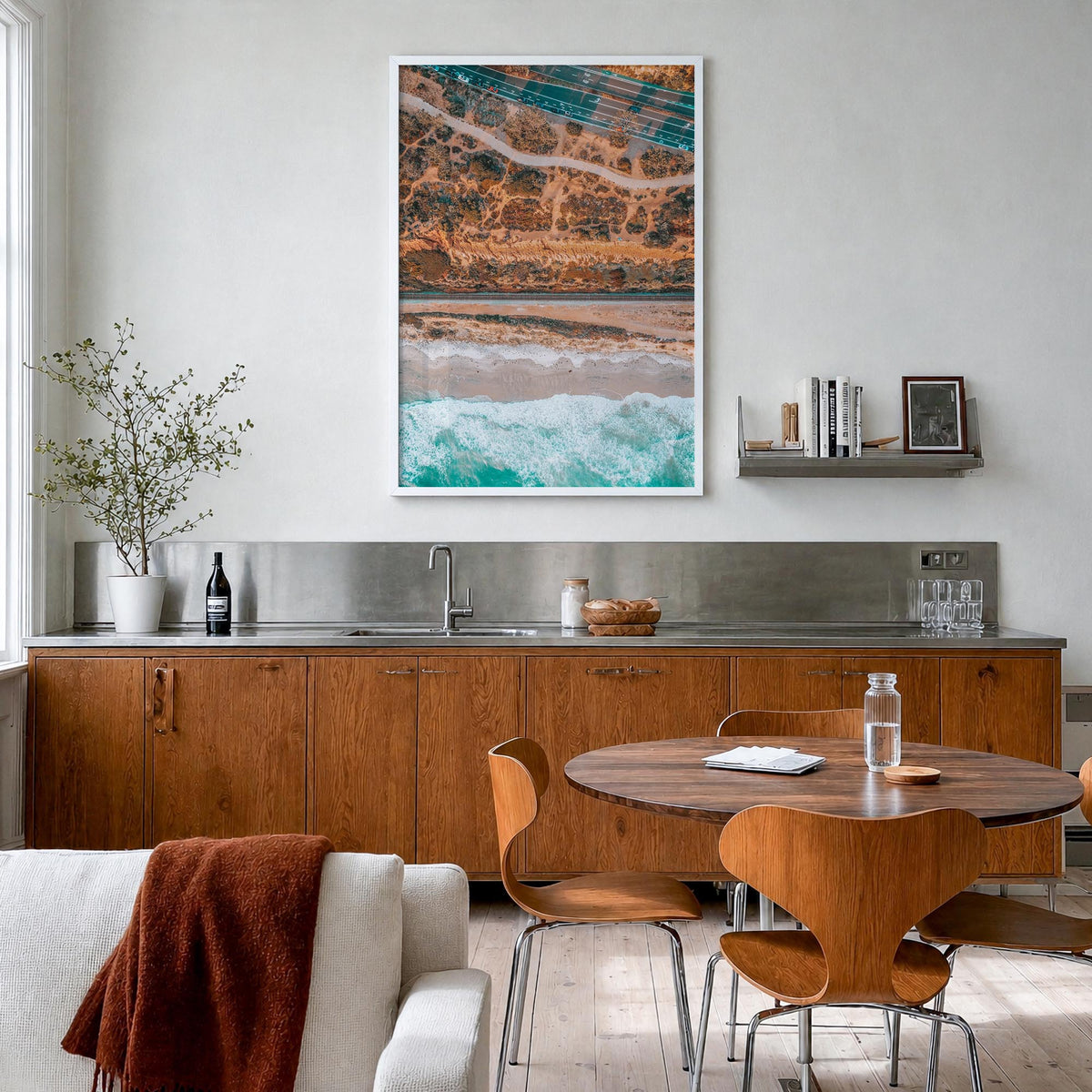 Del Mar no. 1 colorful photo poster of California, USA – vertical wall art in white wood frame, hanging on wall