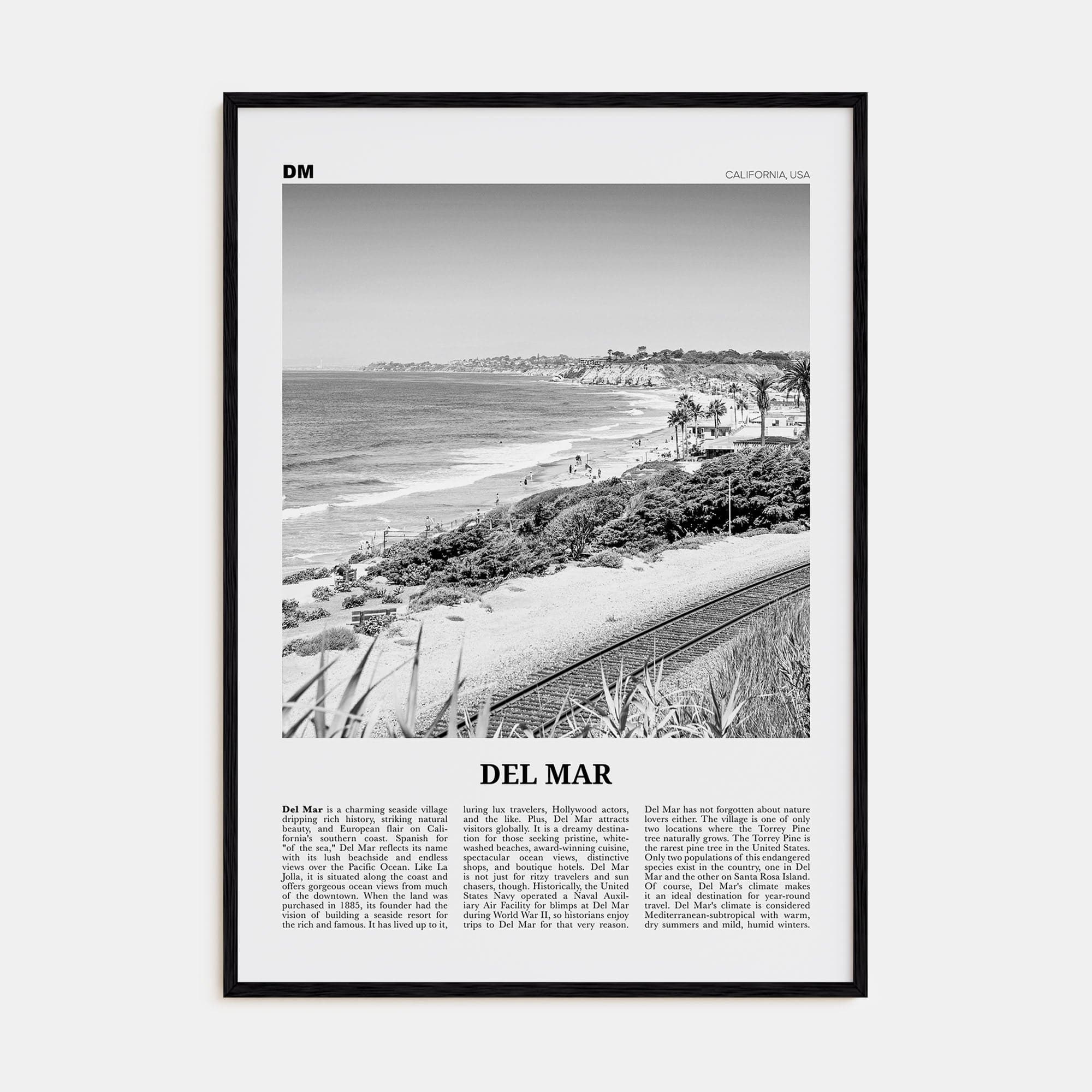 Del Mar No 2 Poster Black Wood / 8x12 in Nbourhood Travel B&W Poster