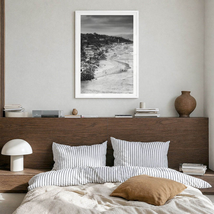 Del Mar Photo Poster in a white wood frame, hanging in a bedroom, white border