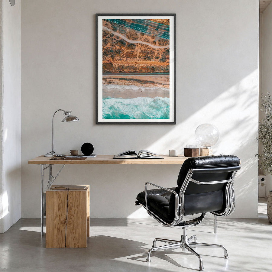 Del Mar Photo No 2 Poster in a black wood frame, hanging in a bright home office, white border
