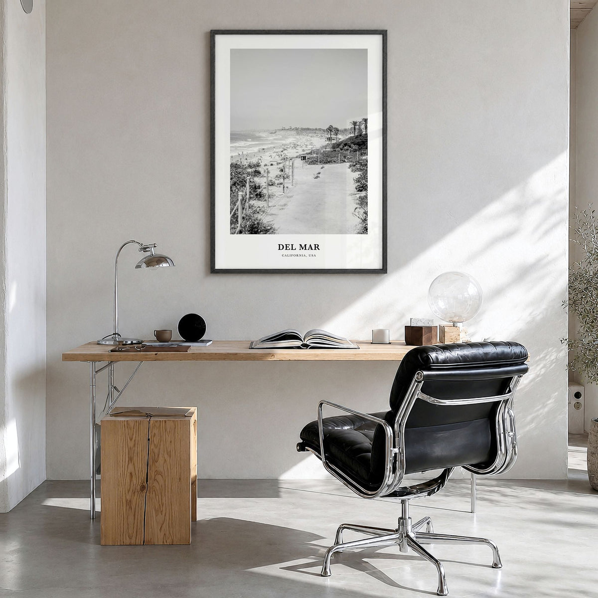 Del Mar Classic No 1 Poster in a black wood frame, hanging in a bright home office