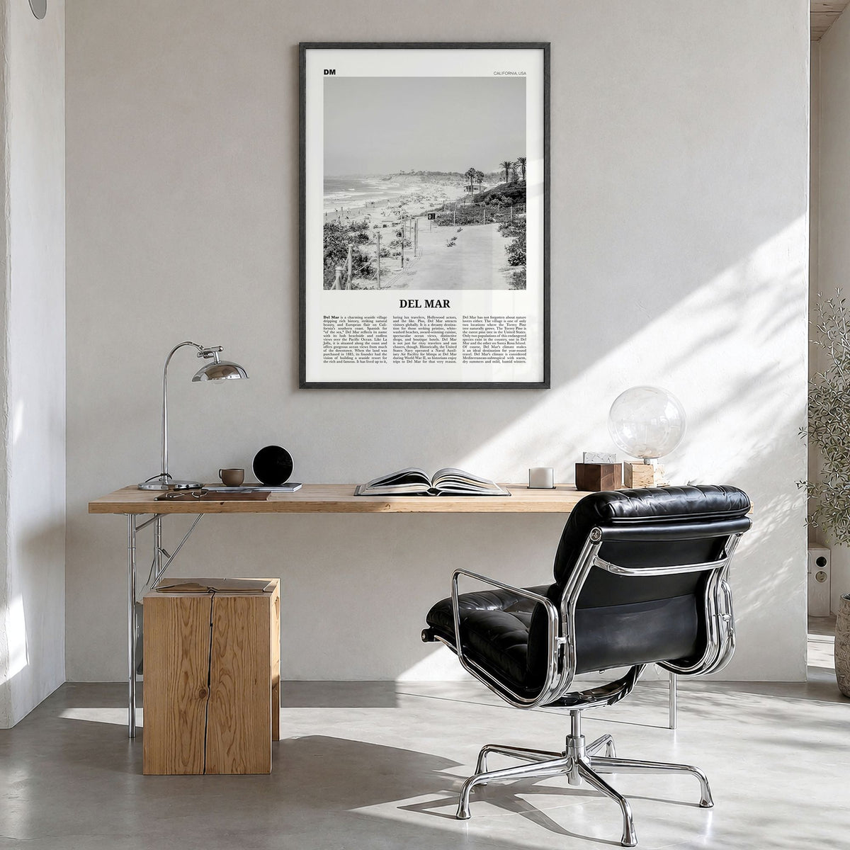 Del Mar Newspaper No 1 Poster in a black wood frame, hanging in a bright home office