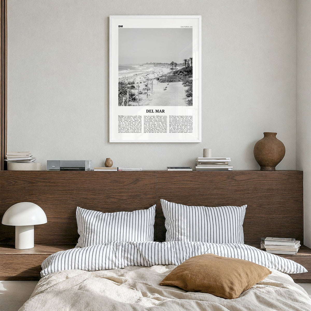Del Mar Newspaper No 1 Poster in a white wood frame, hanging in a bedroom