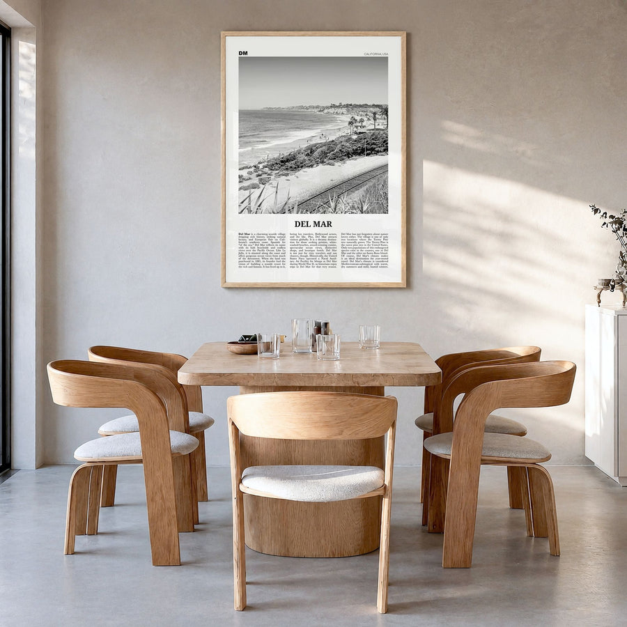 Del Mar Newspaper No 2 Poster in a natural wood frame, hanging in a dining room
