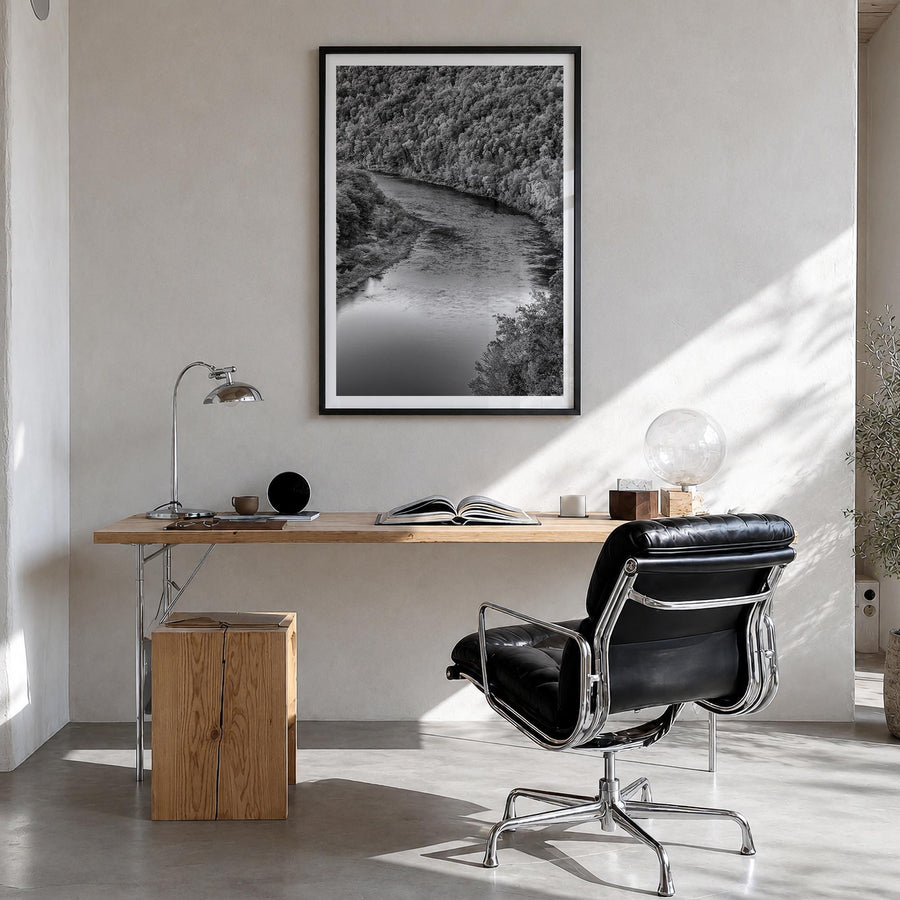 Delaware black & white photo poster of United States – vertical wall art in black wood frame with white border, hanging on wa
