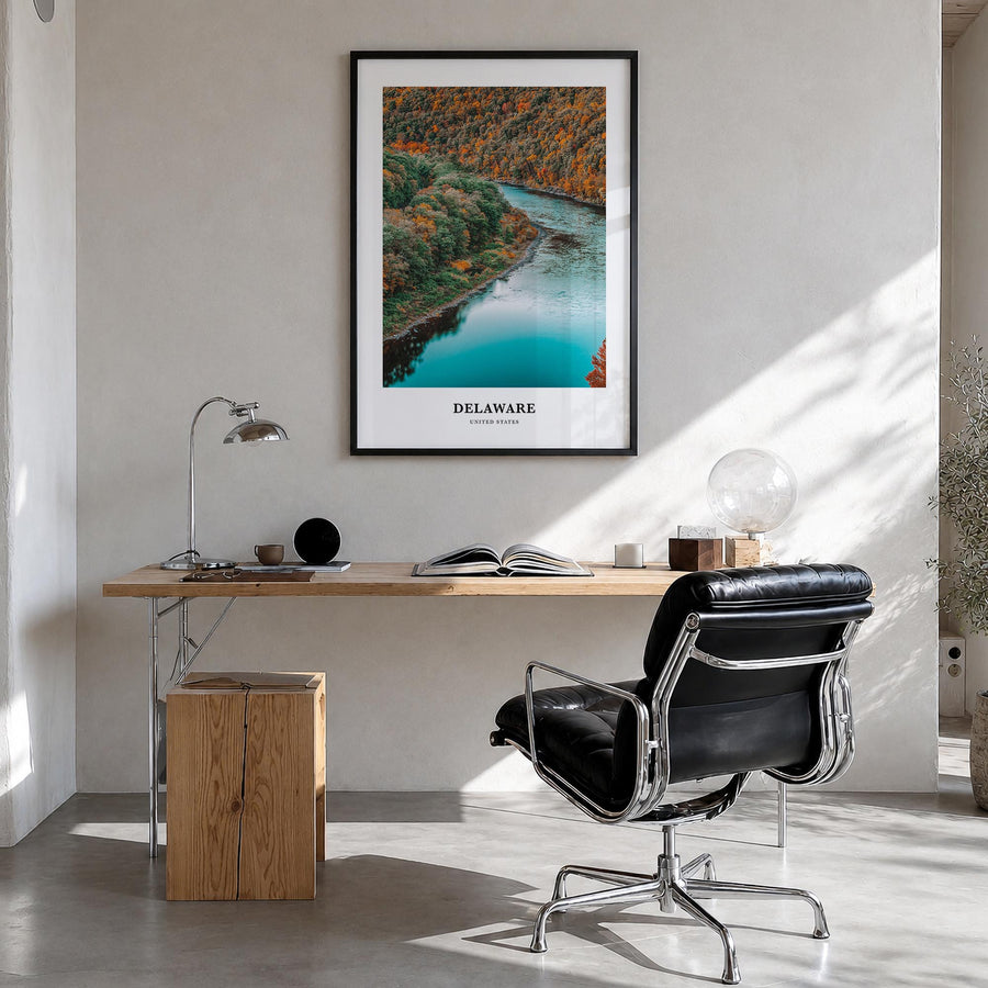 Delaware no. 1 colorful classic poster of United States – vertical wall art in black wood frame, hanging on wall