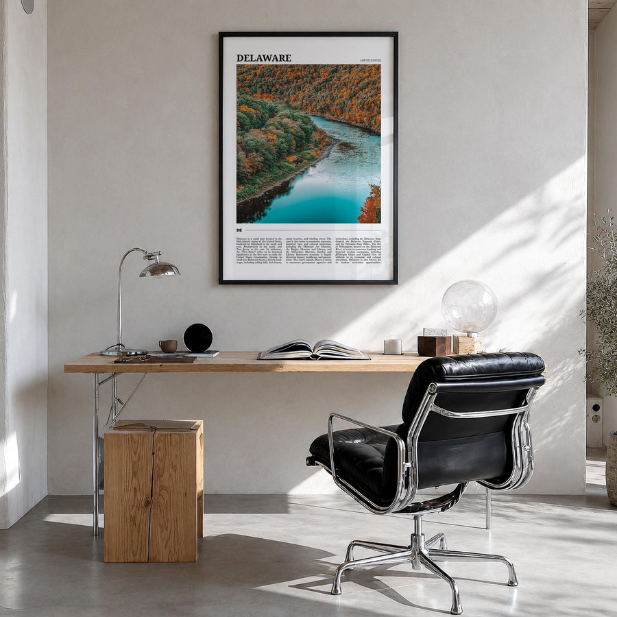 Delaware no. 1 colorful travel poster of United States – vertical wall art in black wood frame, hanging on wall