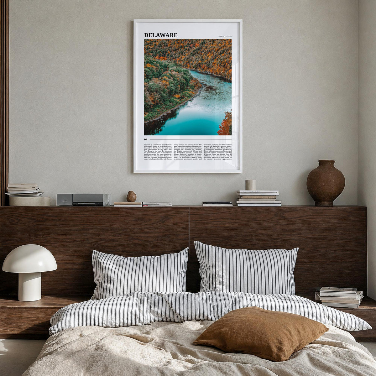 Delaware no. 1 colorful travel poster of United States – vertical wall art in white wood frame, hanging on wall