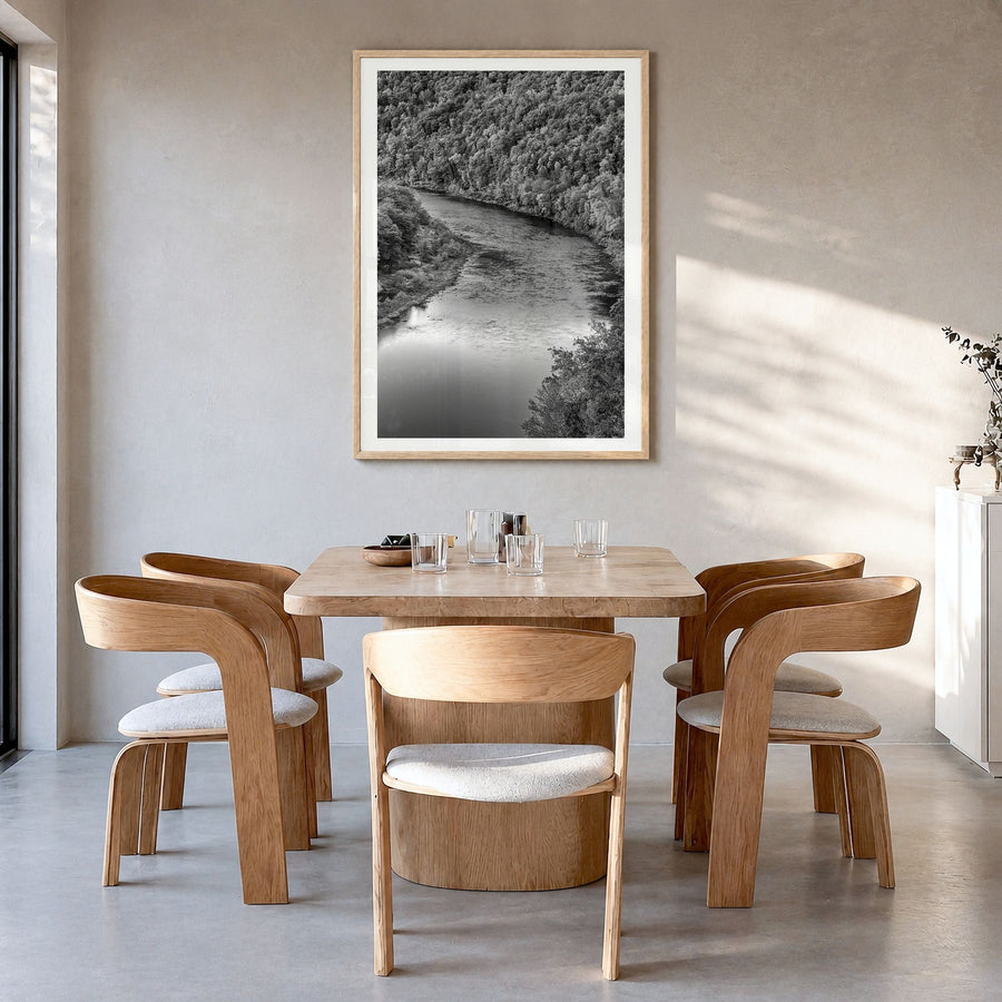 Delaware Photo Poster in a natural wood frame, hanging in a dining room, white border