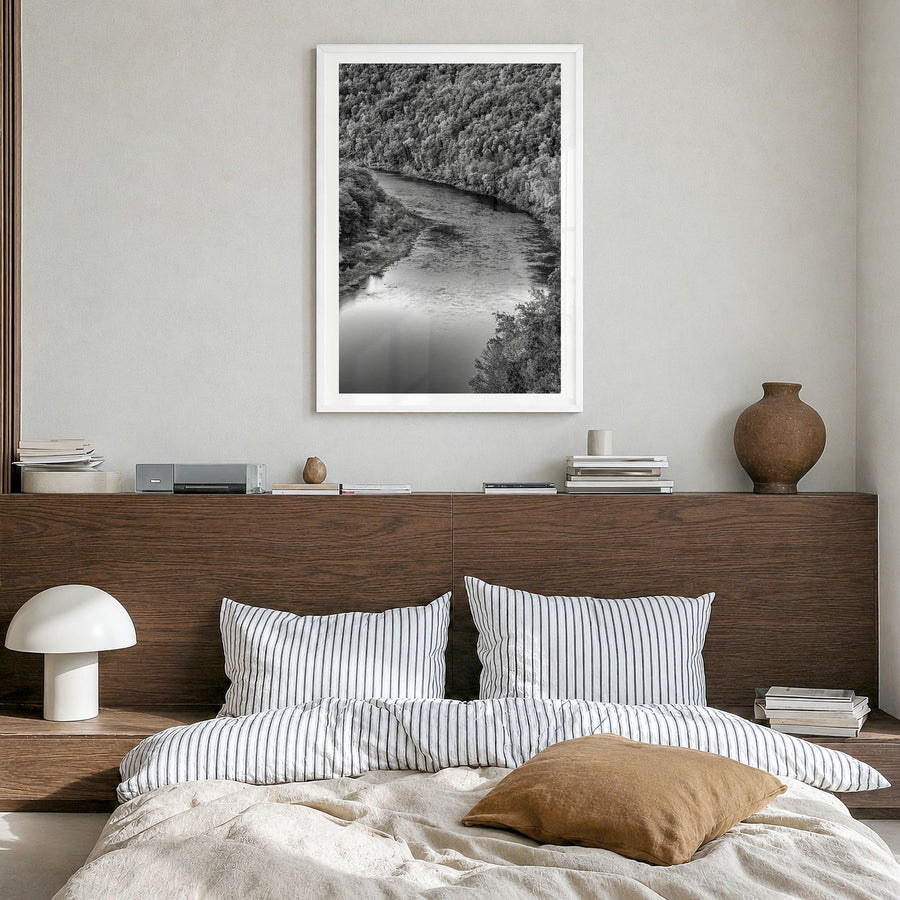 Delaware Photo Poster in a white wood frame, hanging in a bedroom, white border