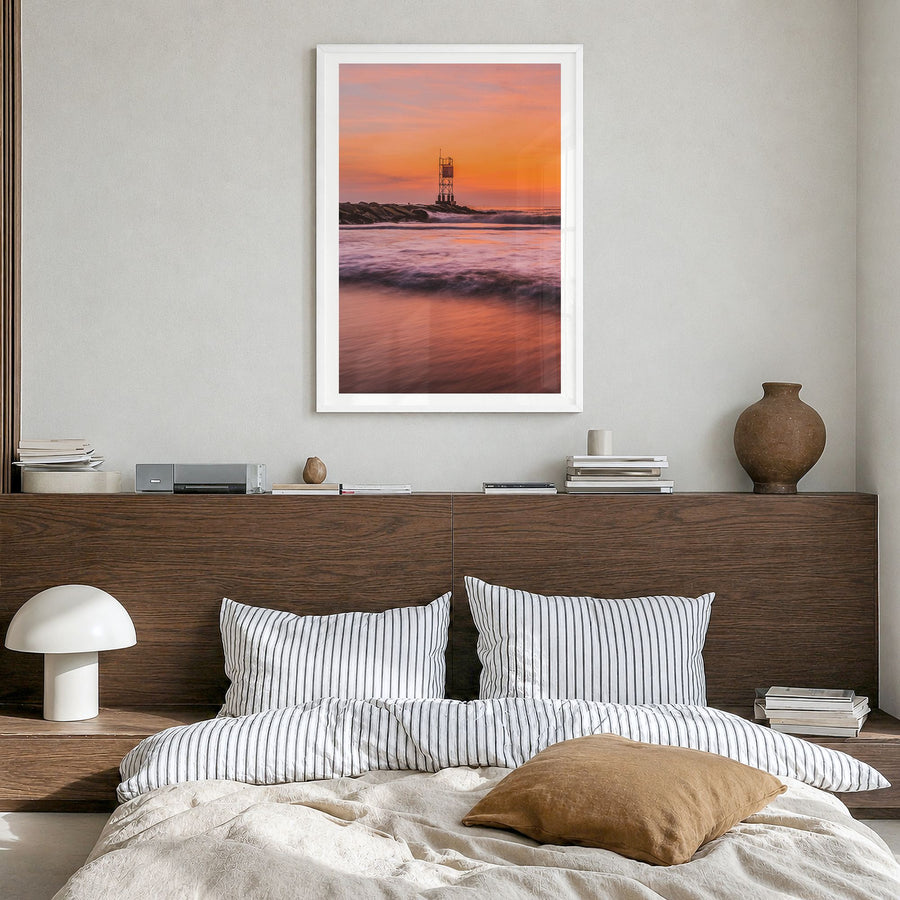 Delaware Photo Poster in a white wood frame, hanging in a bedroom, white border