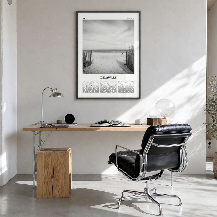 Delaware Newspaper No 1 Poster in a black wood frame, hanging in a bright home office