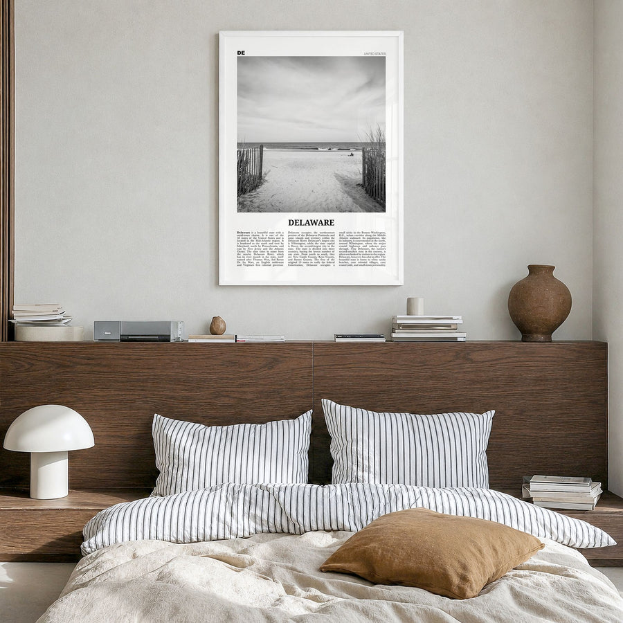 Delaware Newspaper No 1 Poster in a white wood frame, hanging in a bedroom