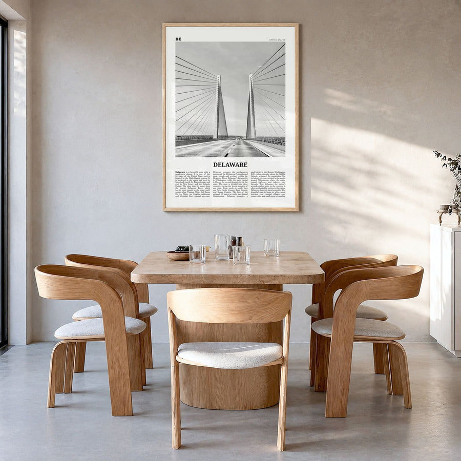 Delaware Newspaper No 2 Poster in a natural wood frame, hanging in a dining room