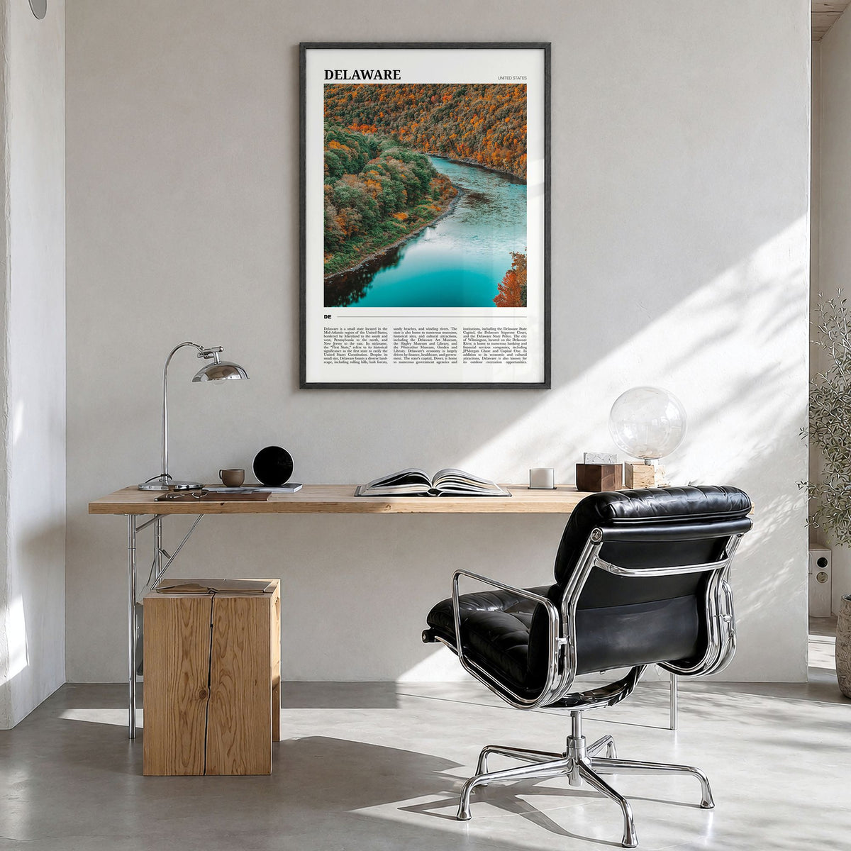 Delaware Travel No 1 Poster in a black wood frame, hanging in a bright home office
