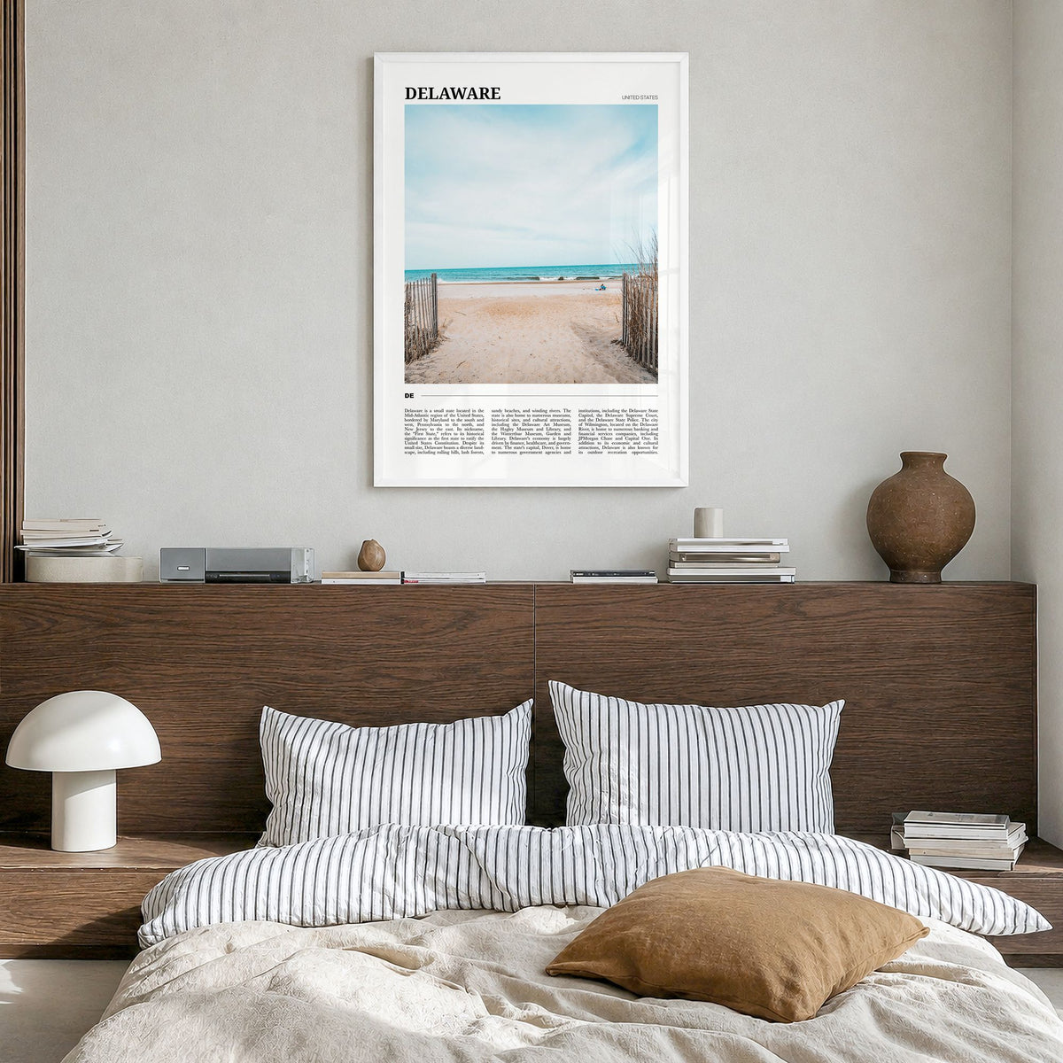 Delaware Travel No 2 Poster in a white wood frame, hanging in a bedroom