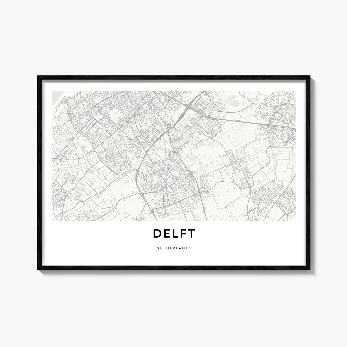 Delft black & white map poster of Netherlands – horizontal wall art, unframed print shown in interior mockup