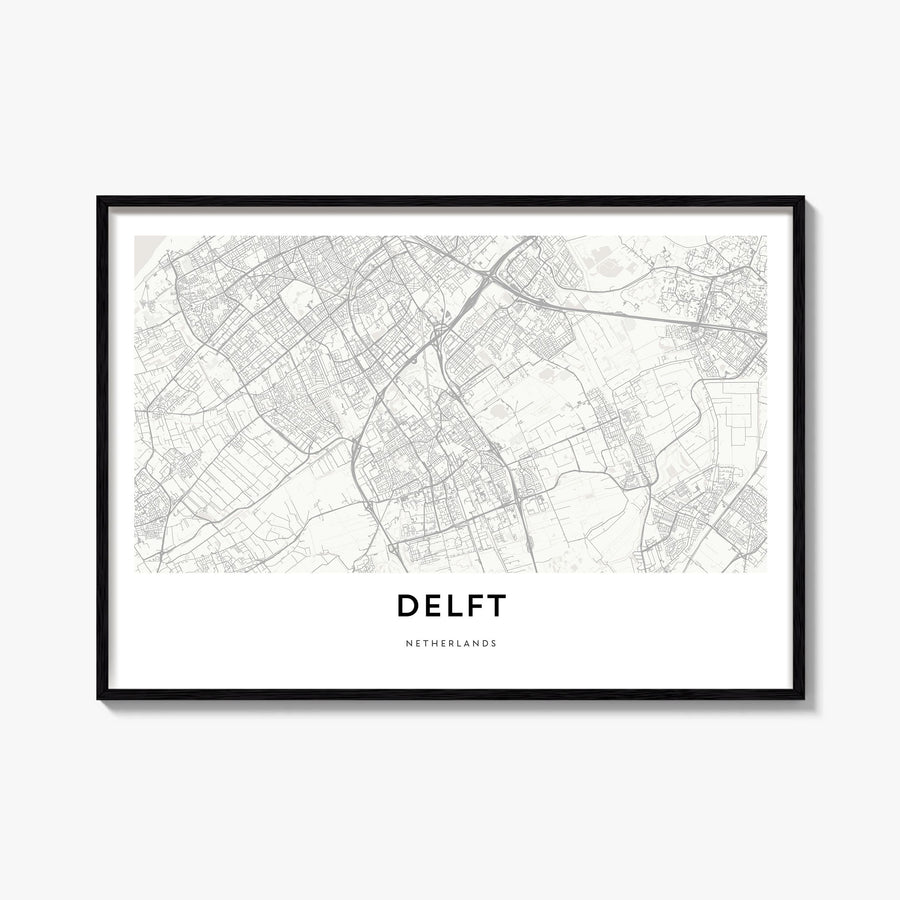 Delft black & white map poster of Netherlands – horizontal wall art, unframed print shown in interior mockup