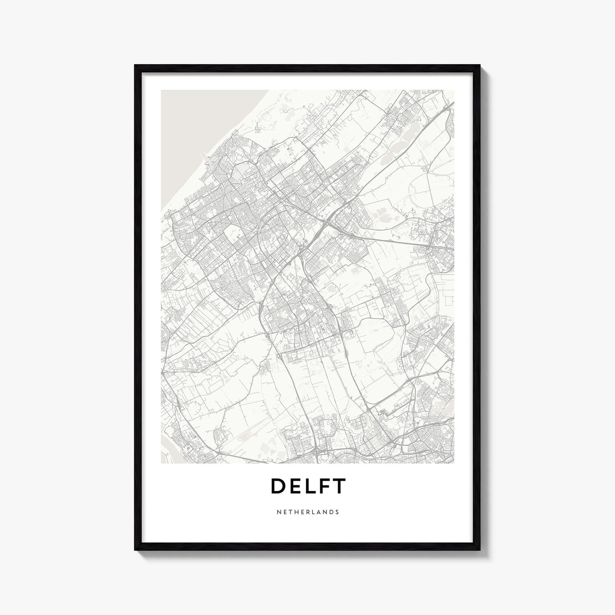 Delft black & white map poster of Netherlands – vertical wall art, unframed print shown in interior mockup