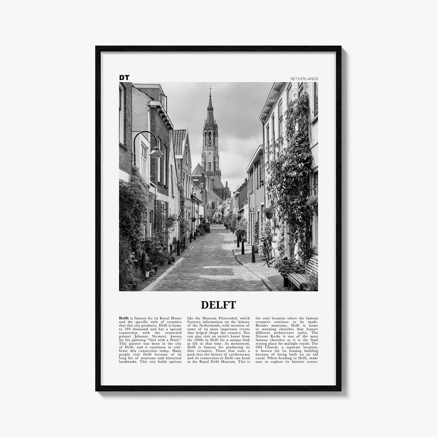 Delft black & white newspaper poster of Netherlands – vertical wall art, unframed print shown in interior mockup