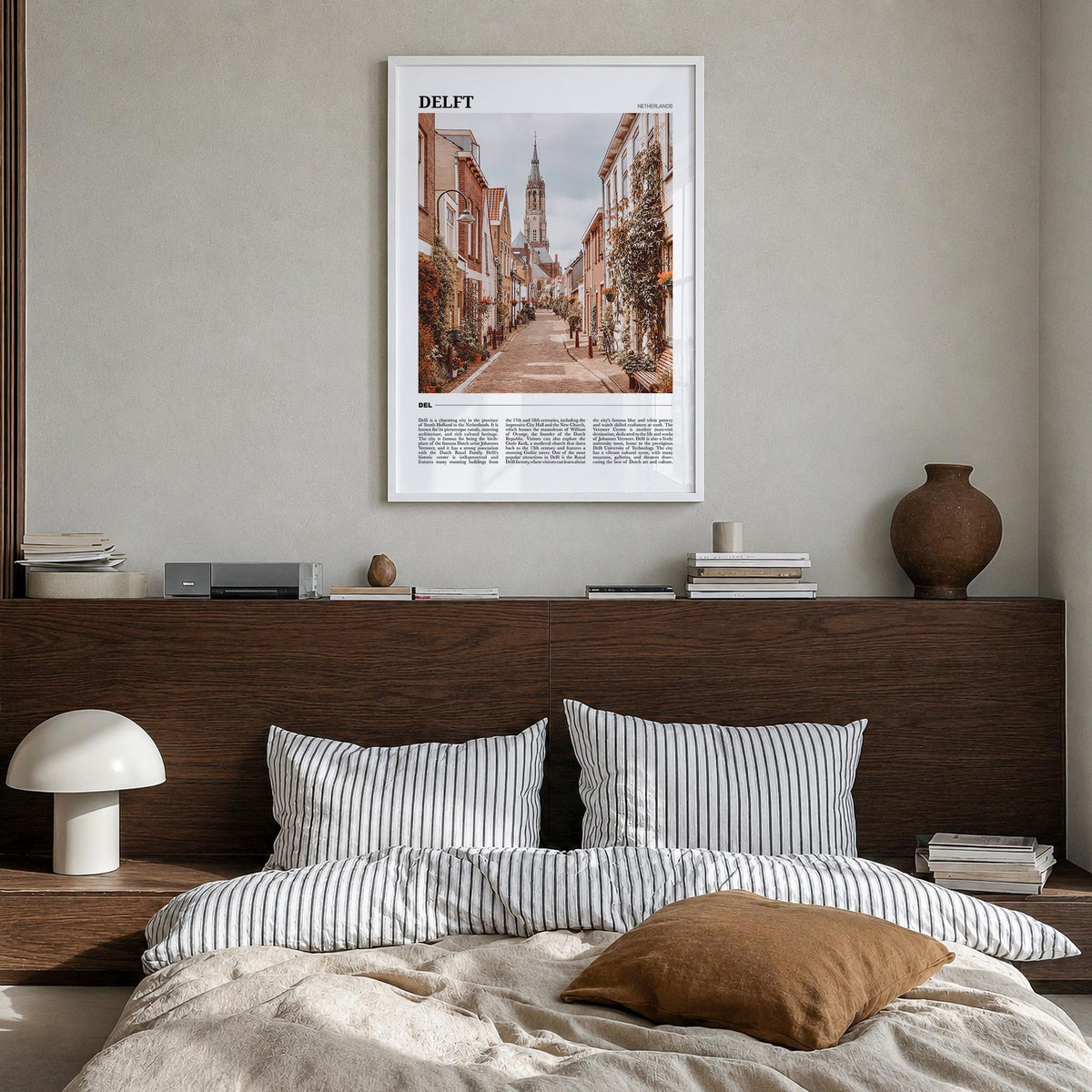 Delft colorful travel poster of Netherlands – vertical wall art in white wood frame, hanging on wall