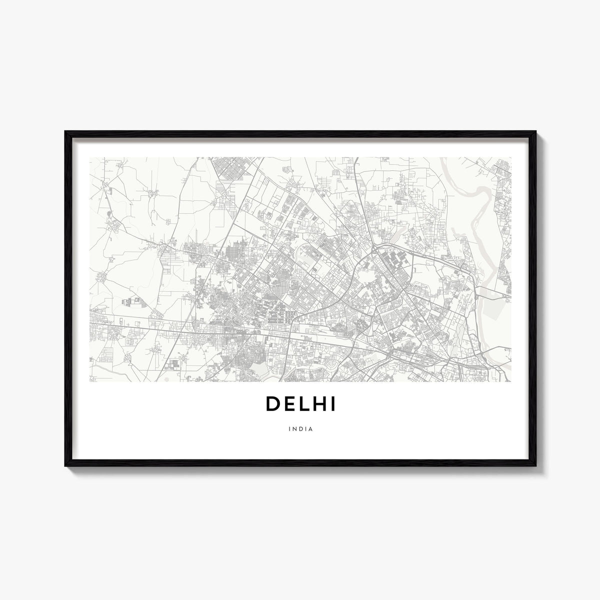 Delhi black & white map poster of India – horizontal wall art, unframed print shown in interior mockup