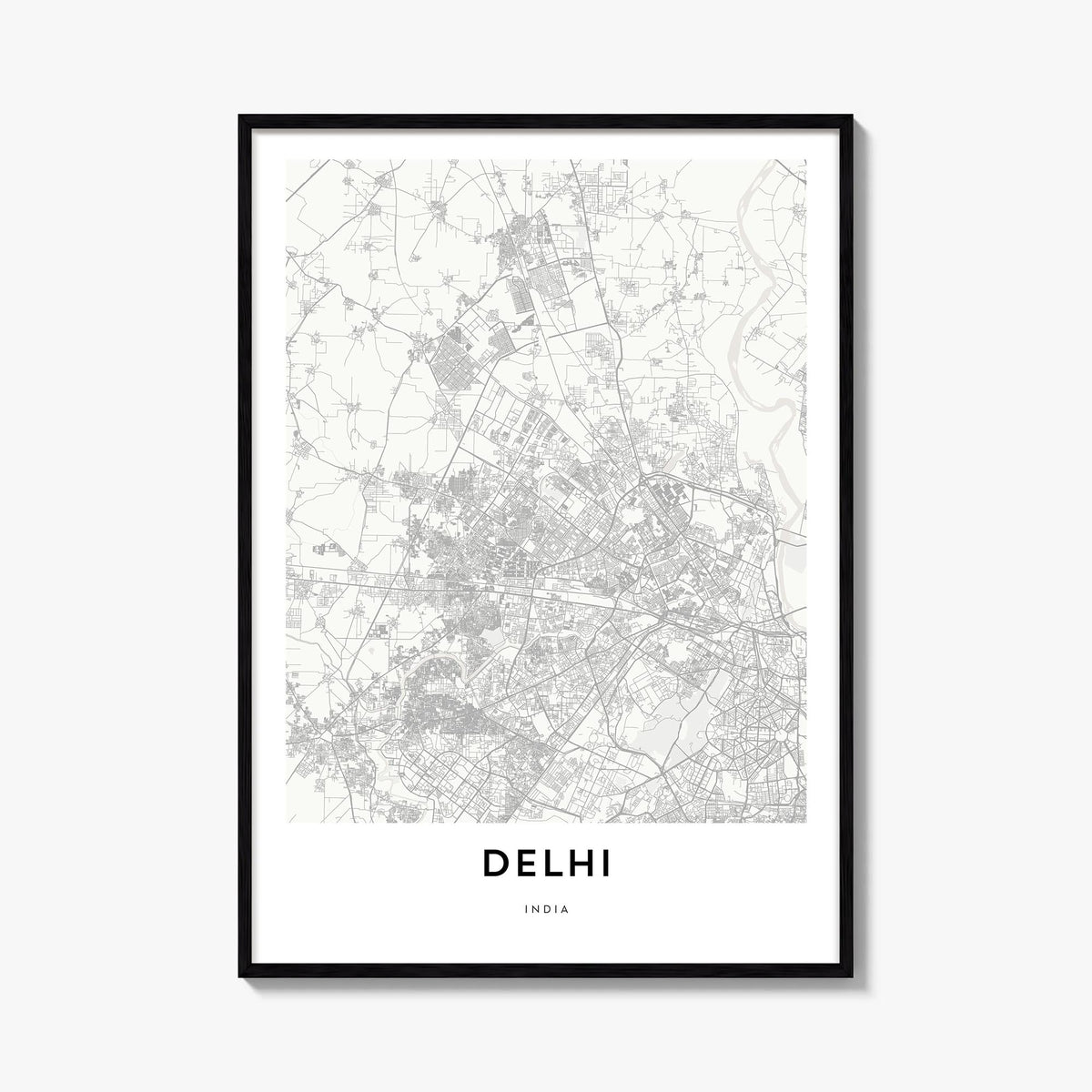 Delhi black & white map poster of India – vertical wall art, unframed print shown in interior mockup