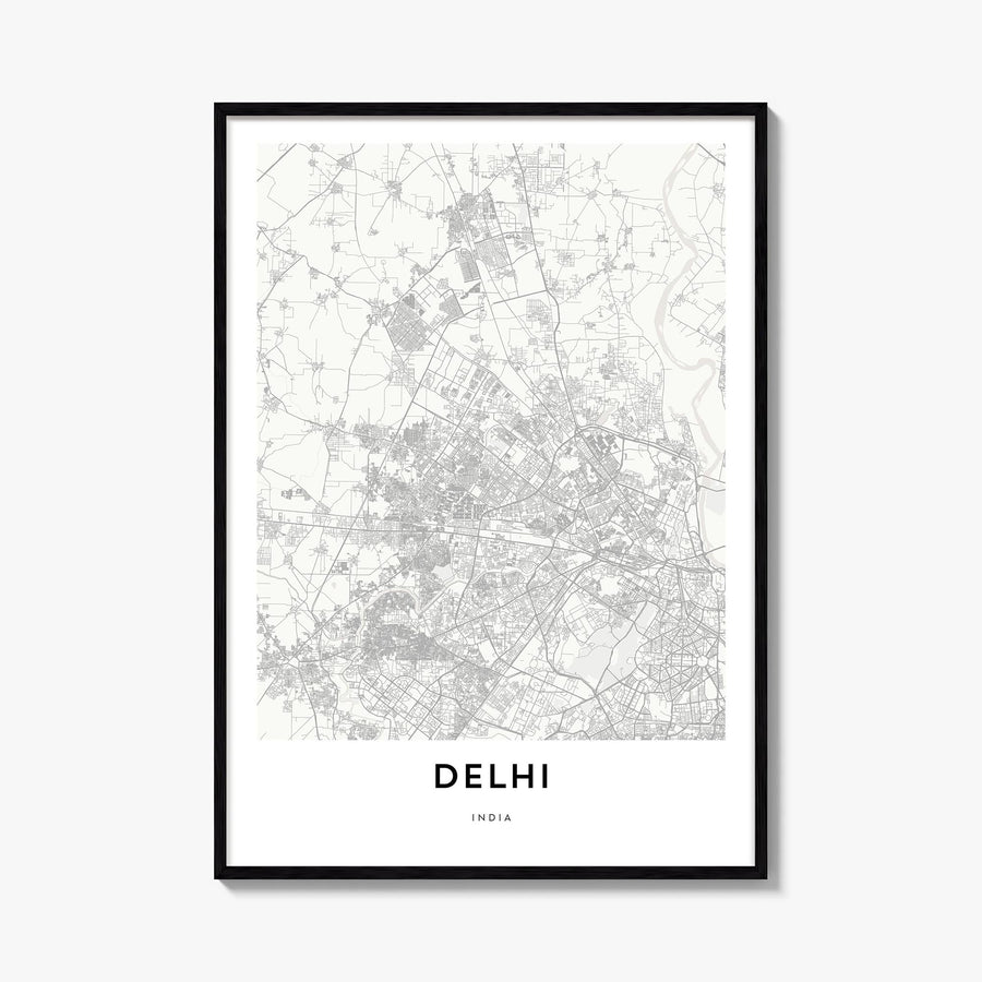 Delhi black & white map poster of India – vertical wall art, unframed print shown in interior mockup