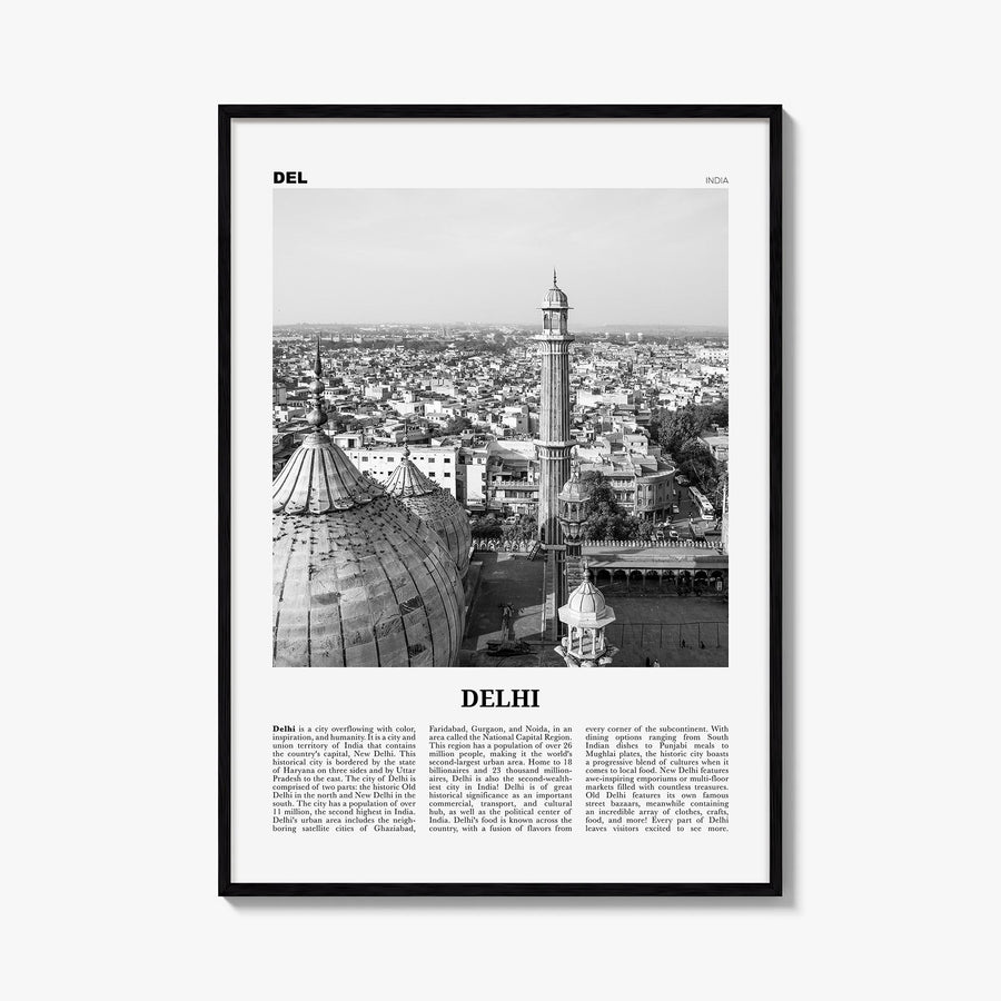 Delhi black & white newspaper poster of India – vertical wall art, unframed print shown in interior mockup