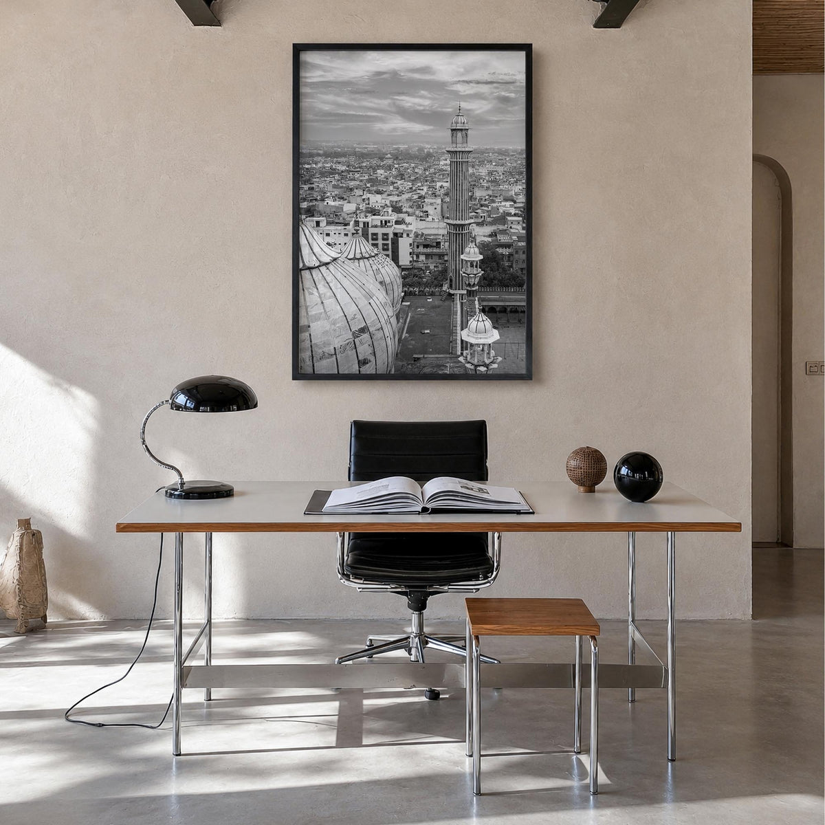 Delhi black & white photo poster of India – vertical wall art in black wood frame, hanging on wall