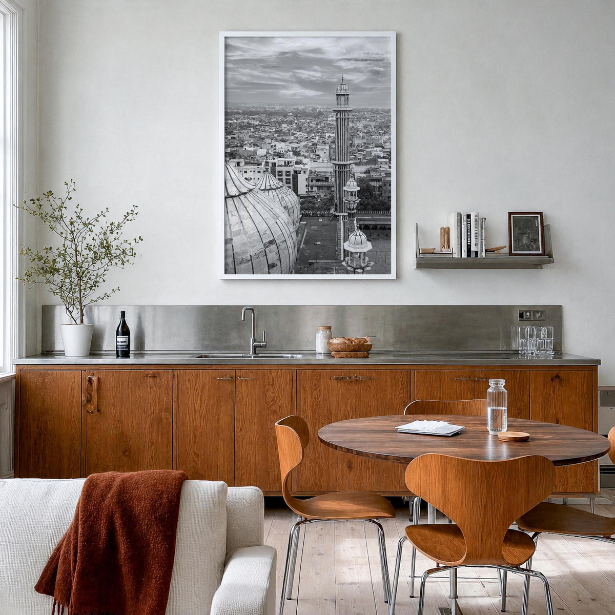 Delhi black & white photo poster of India – vertical wall art in white wood frame, hanging on wall