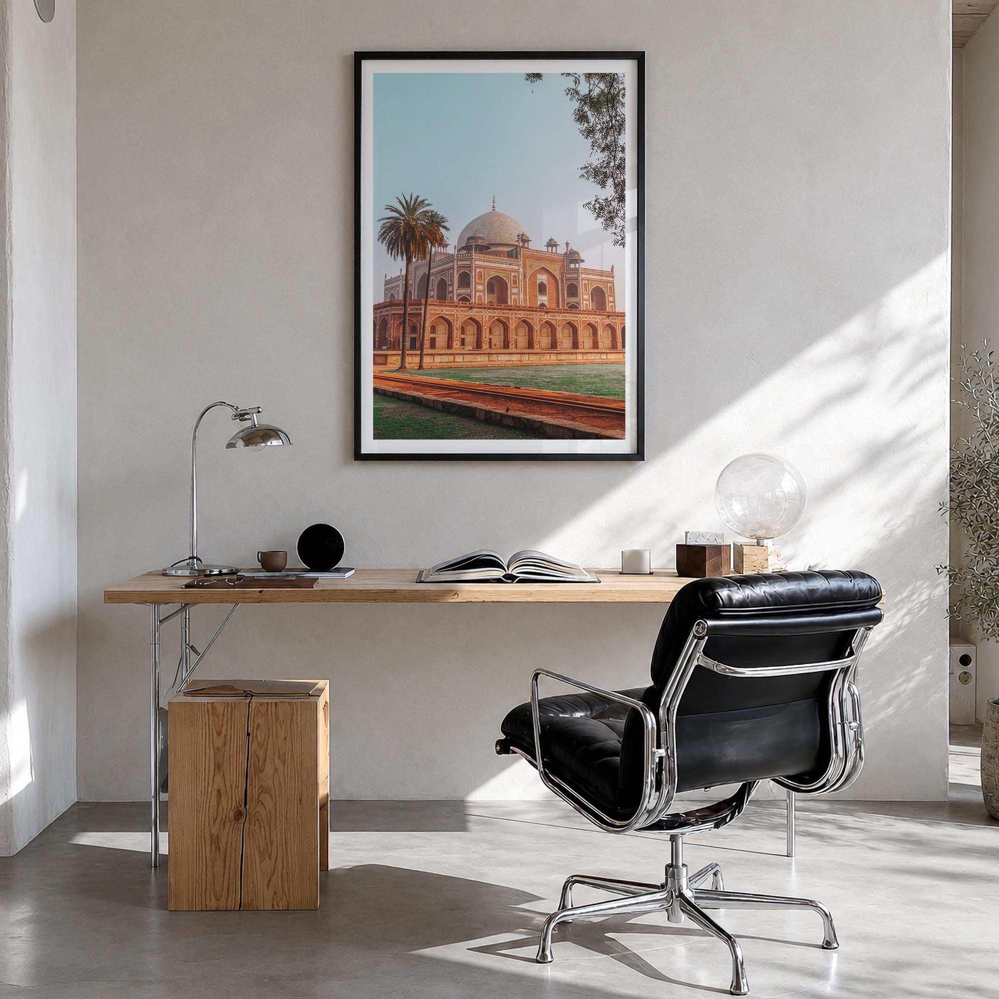 Delhi colorful photo poster of India – vertical wall art in black wood frame with white border, hanging on wall