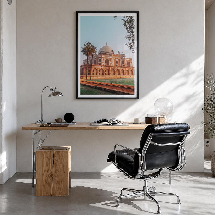 Delhi colorful photo poster of India – vertical wall art in black wood frame with white border, hanging on wall