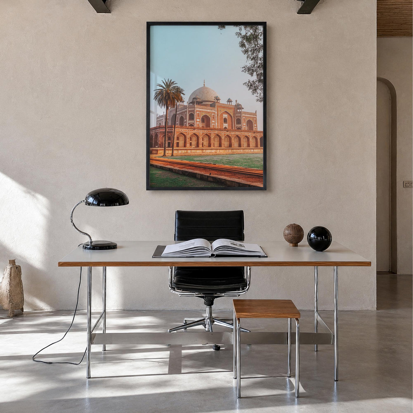 Delhi colorful photo poster of India – vertical wall art in black wood frame, hanging on wall