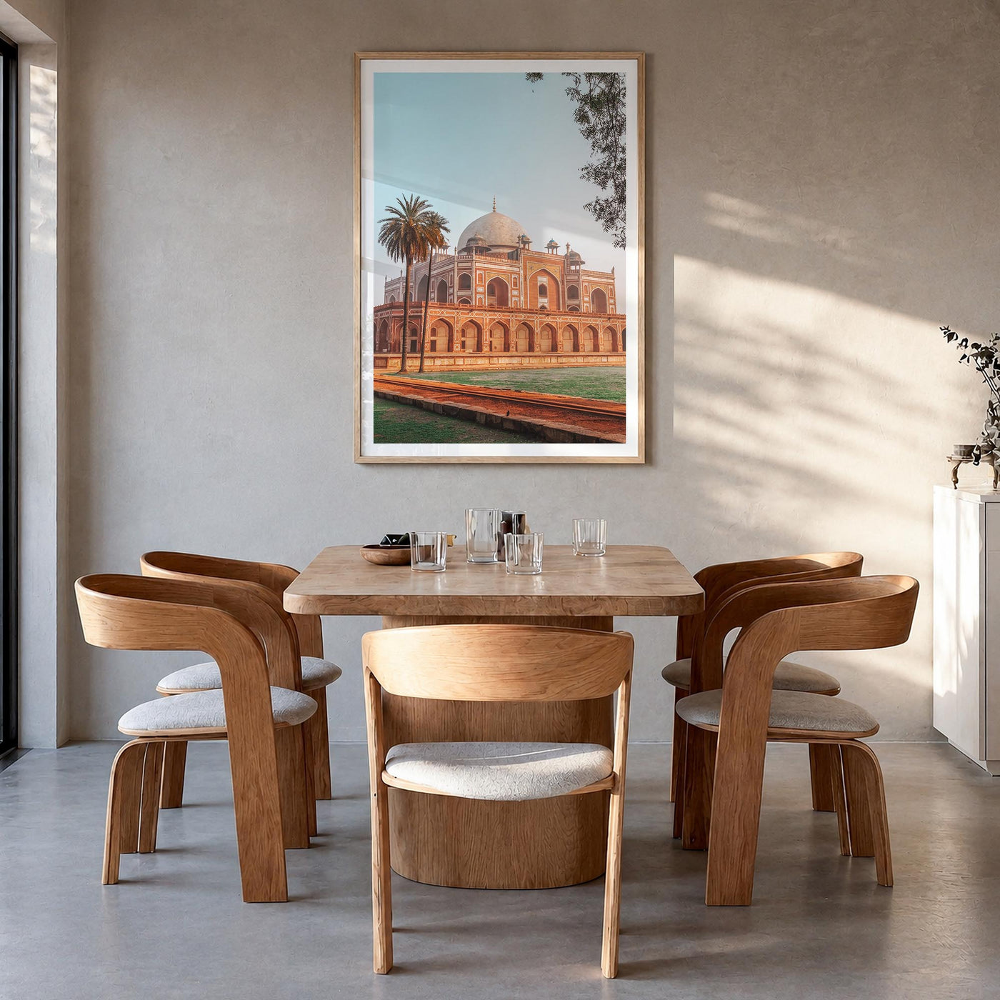 Delhi colorful photo poster of India – vertical wall art in natural wood frame with white border, hanging on wall
