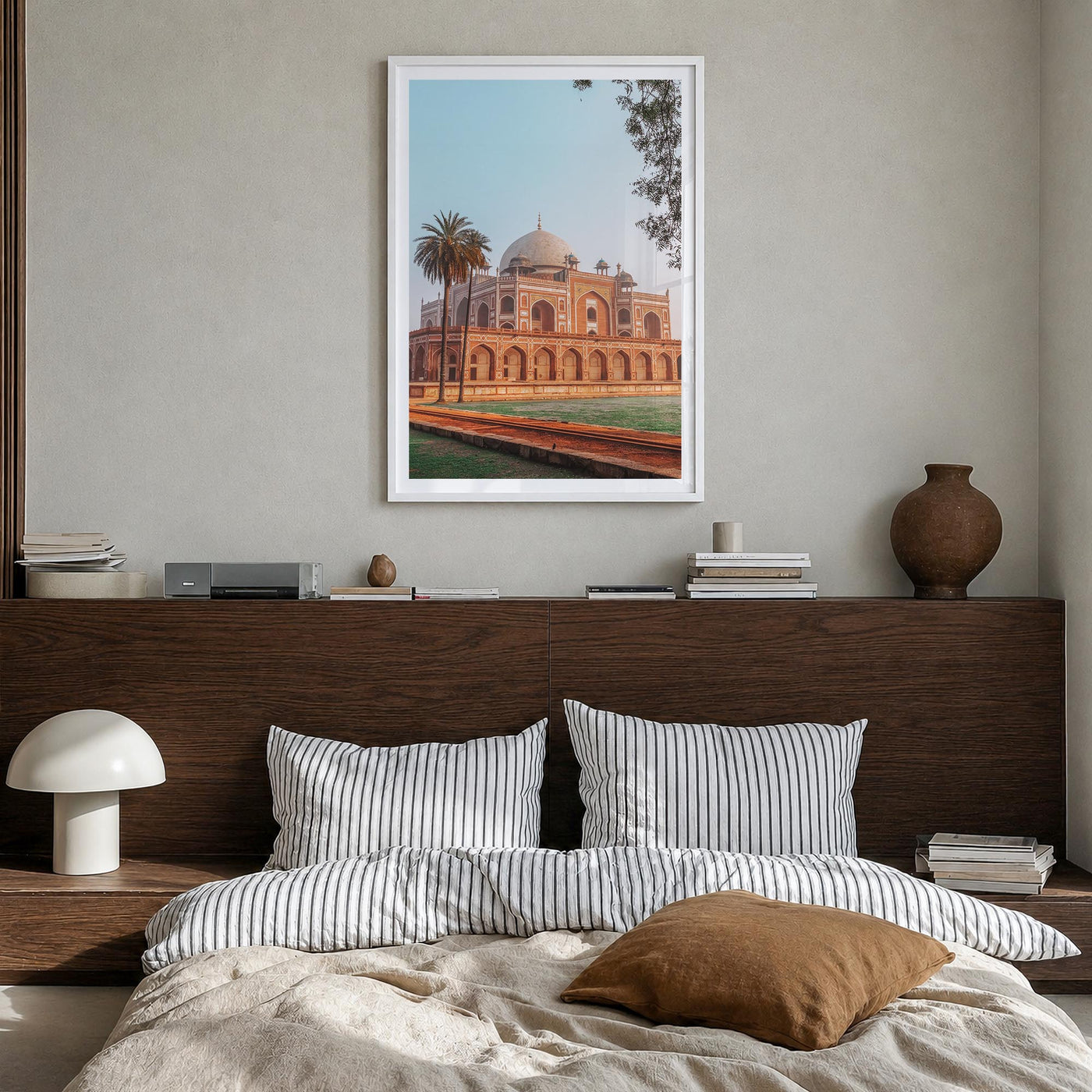 Delhi colorful photo poster of India – vertical wall art in white wood frame with white border, hanging on wall