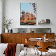 Delhi colorful photo poster of India – vertical wall art in white wood frame, hanging on wall