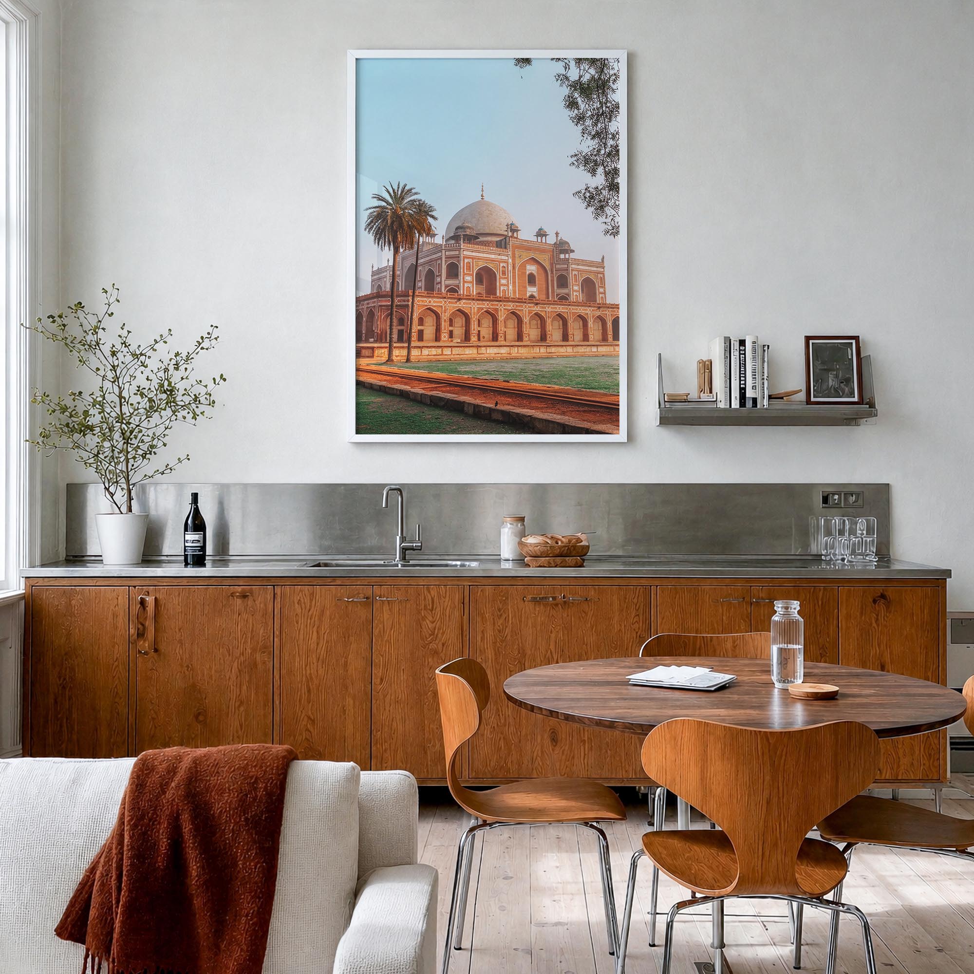 Delhi colorful photo poster of India – vertical wall art in white wood frame, hanging on wall
