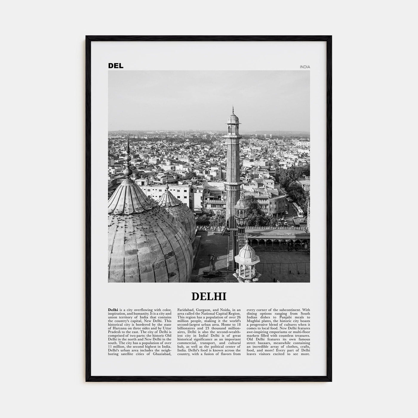 Delhi Poster Black Wood / 8x12 in Nbourhood Travel B&W Poster